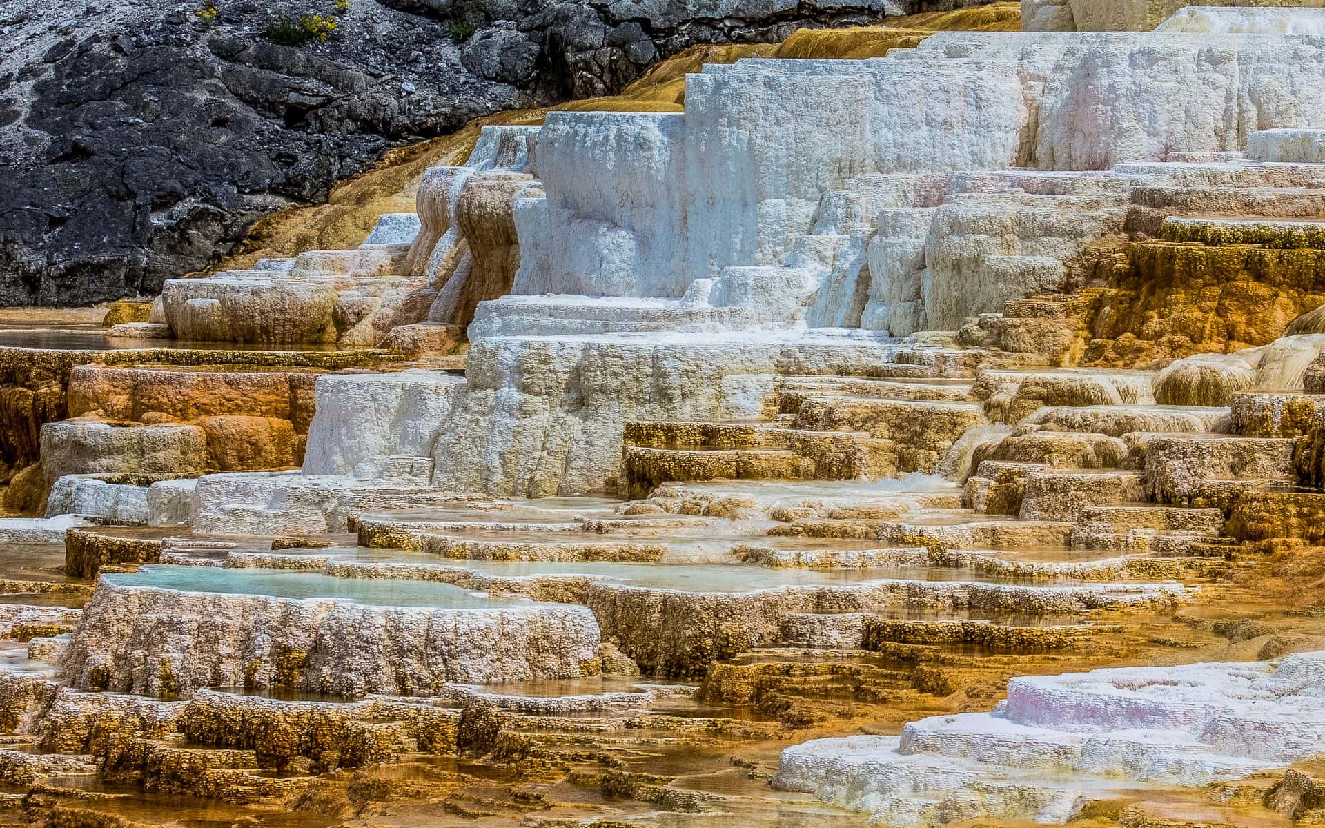 Mineral hot spring travertine terraces and steam vents at Hot Springs State Park along the Bighorn River in Thermopolis, Wyoming