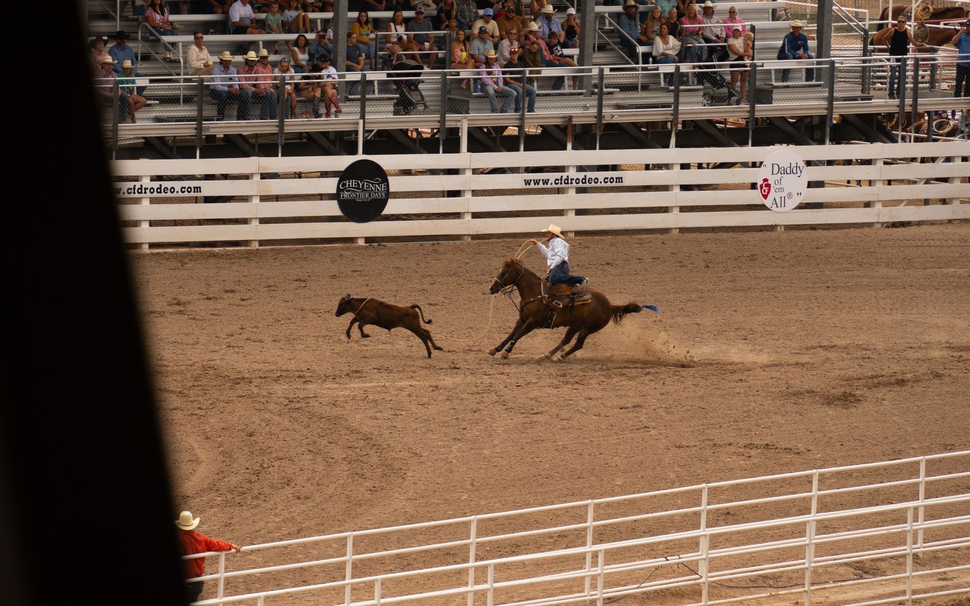 Riders competing in the PRCA rodeo at Cheyenne Frontier Days with the packed grandstand visible behind the arena, Cheyenne, Wyoming