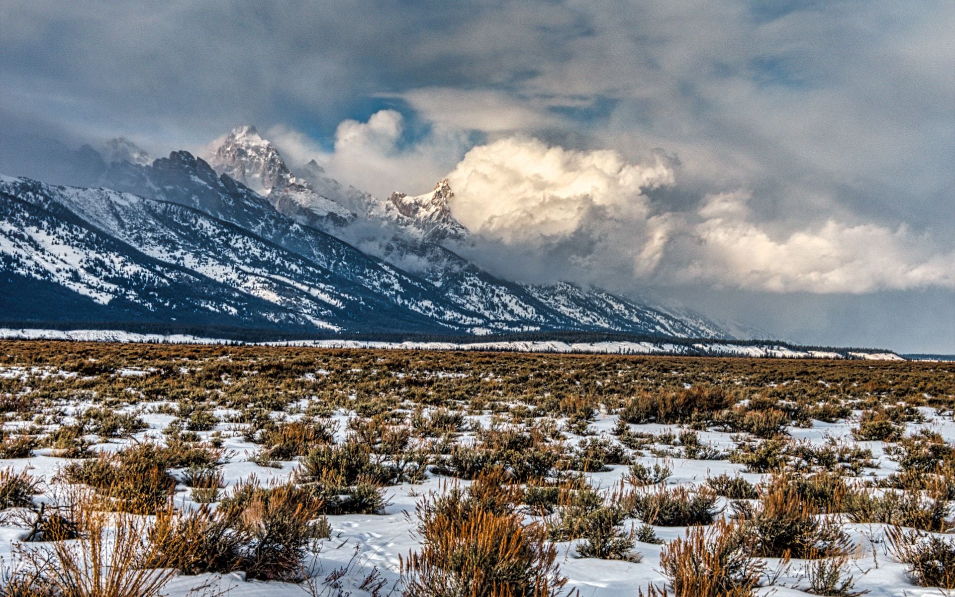 Snow-covered Teton Range rising above a frozen Jackson Hole valley in winter, Wyoming